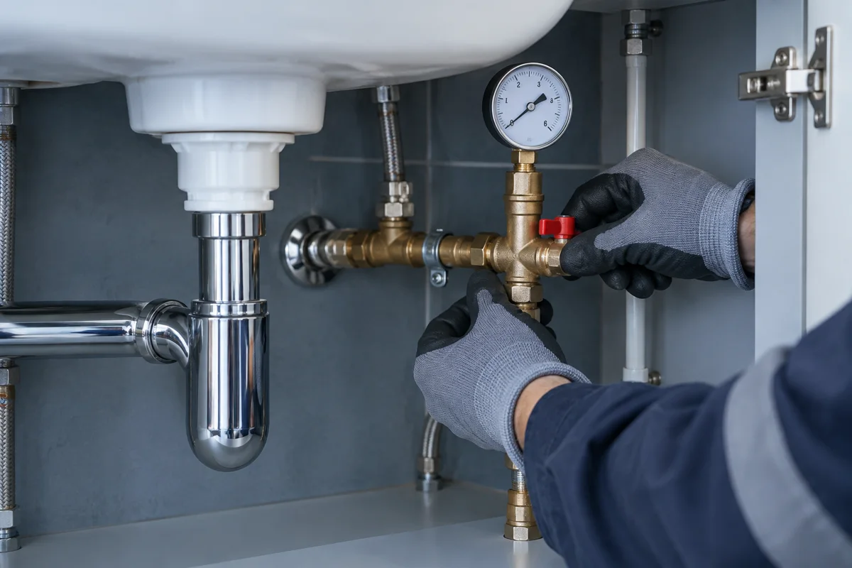 Lavabo altındaki vana ve boru bağlantılarının kontrolünü gösteren temsili tesisat görseli